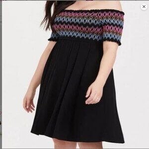 Torrid Embroidered Black and Colorful Off the Shoulder Smocked Dress